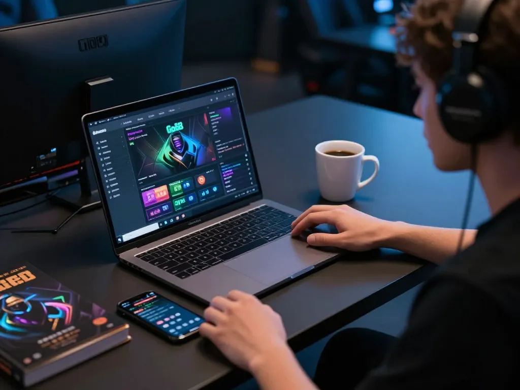 Engaged player exploring Go88 mobile gaming app on sleek laptop while studying betting strategies.