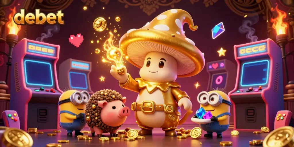 Experience the magic of debet with a golden mushroom wizard, treasure pig, and gaming elements.