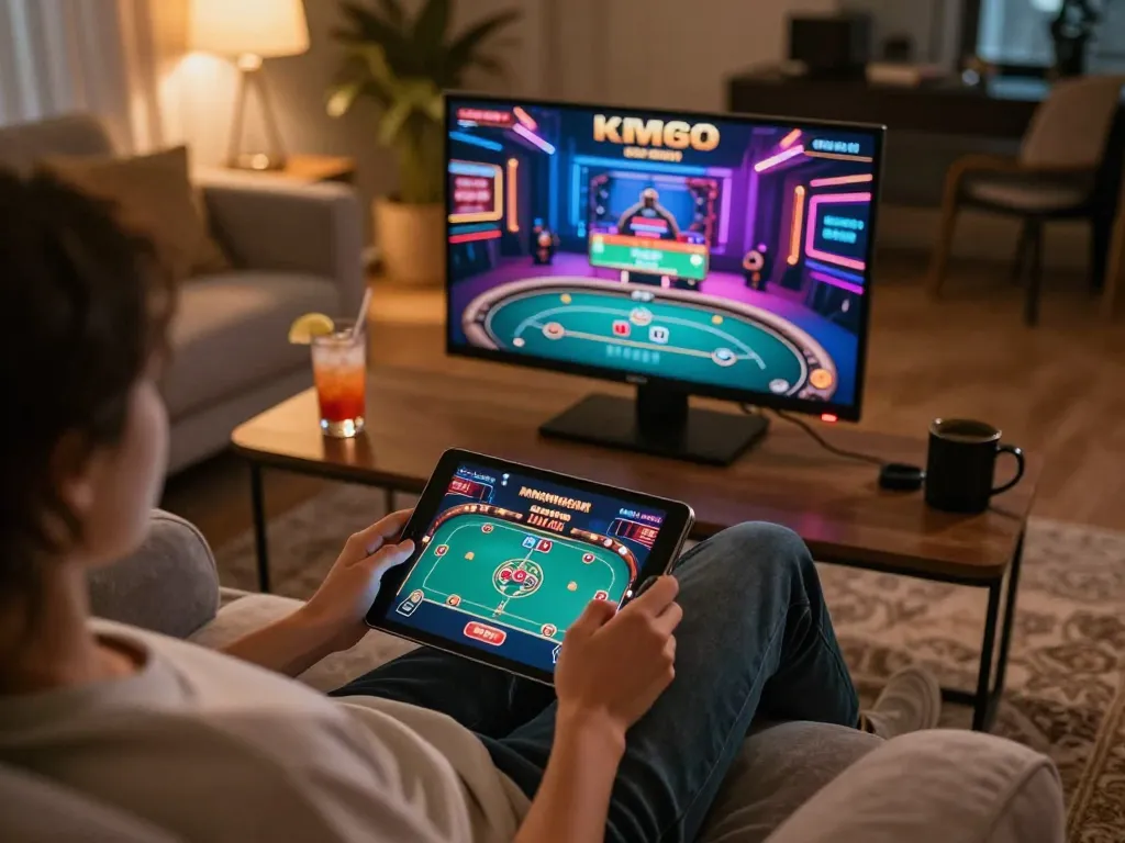 Player enjoying mm88 online poker gaming on a tablet in a cozy home environment