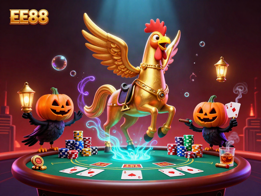 Experience thrilling gameplay with EE88 in a visually rich, dynamic casino scene featuring unique characters.