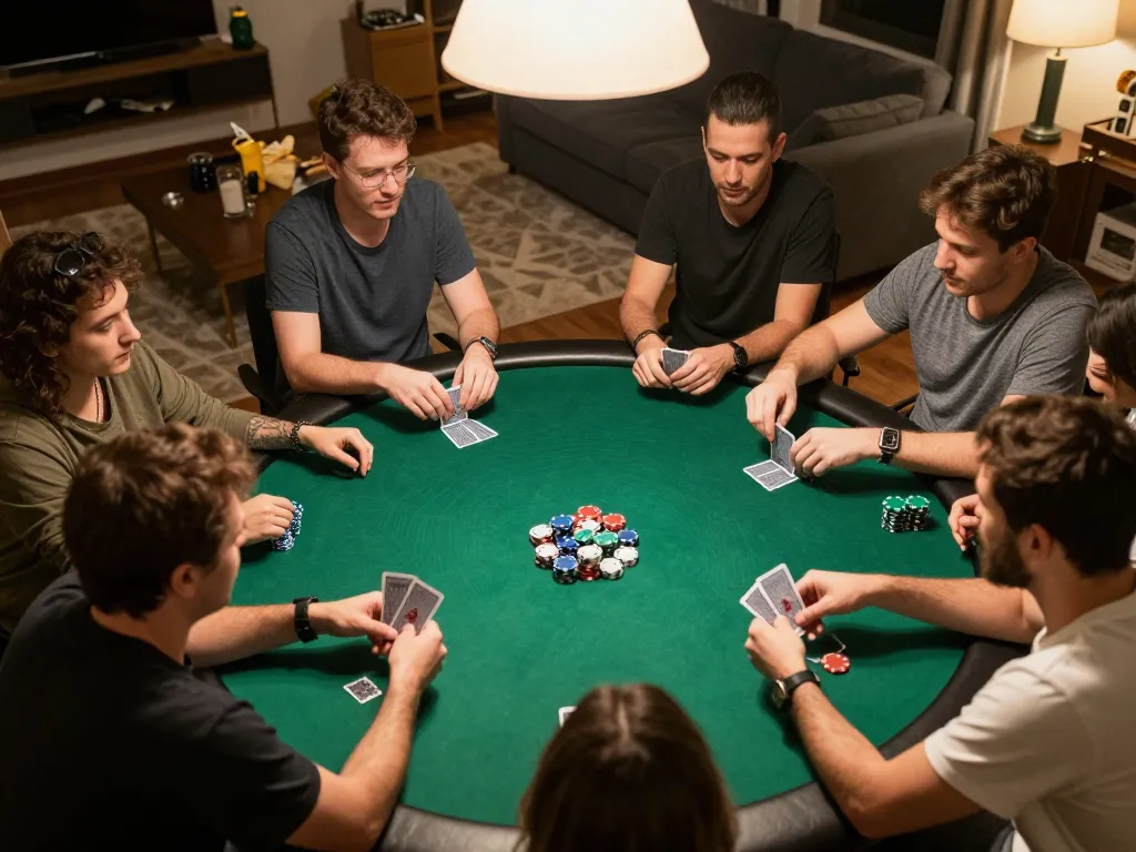 Players engaging in a home poker night, showcasing strategic gameplay and camaraderie on betbdt66.