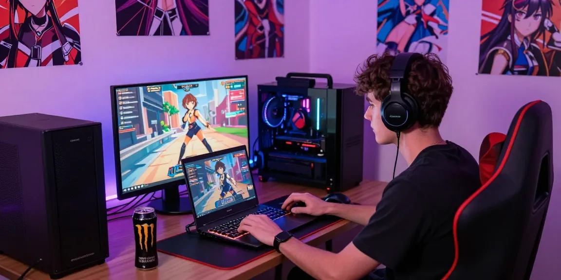 Player engaged in free hentai games in a colorful gaming room with vibrant posters.