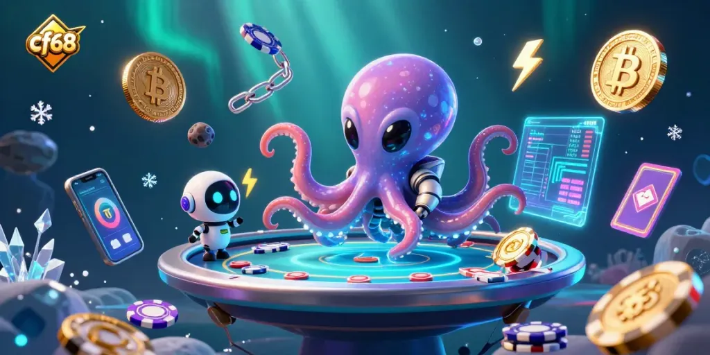 Engage with cf68's thrilling gameplay featuring an alien octopus at a holographic poker table.