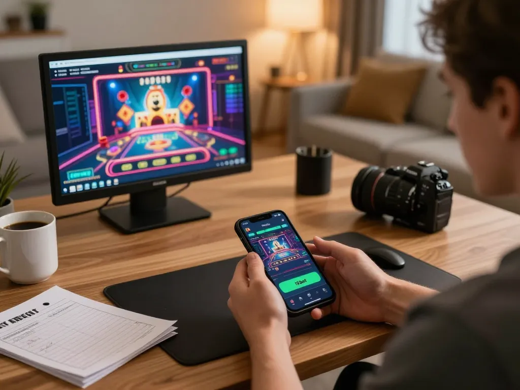 Engaging with the 12bet app on smartphone while enjoying a relaxing home gaming atmosphere.