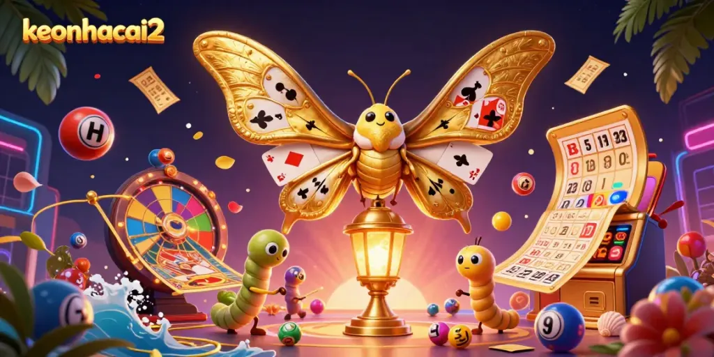Engaging scene showcasing keonhacai2 with a vibrant 3D illustration of a cartoon moth and dynamic casino elements.