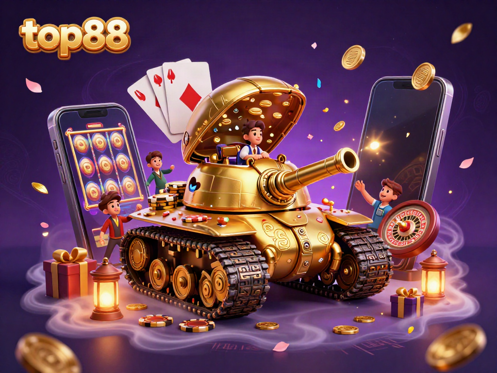 Experience top88 with unique casino action featuring a golden beetle tank and vibrant game elements.