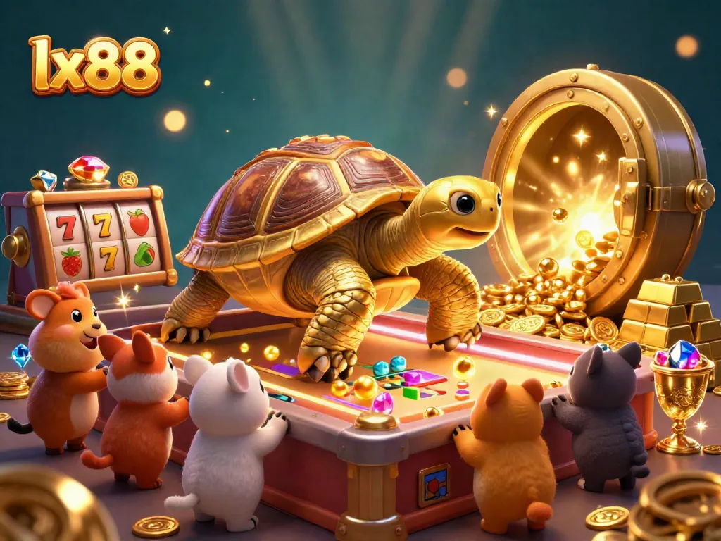 Play exciting slot games at lx88, featuring a colossal tortoise pinball machine with vibrant lights.