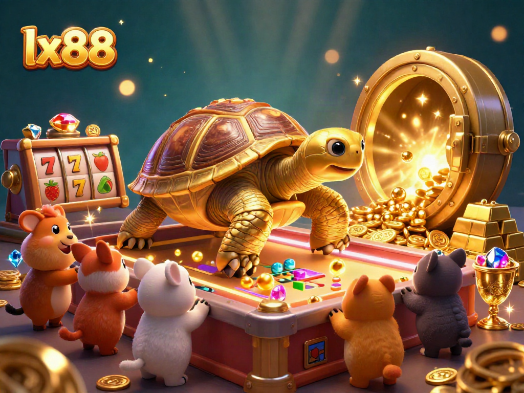 Play exciting slot games at lx88, featuring a colossal tortoise pinball machine with vibrant lights.