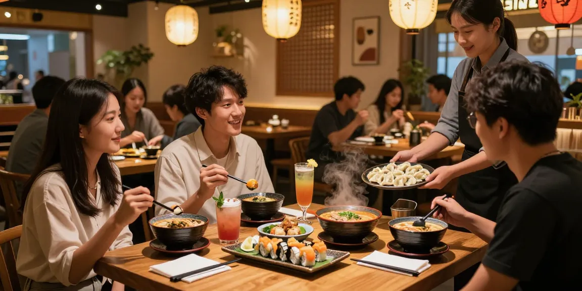 Friends sharing a meal at red88 restaurant, enjoying sushi and ramen in a vibrant atmosphere.