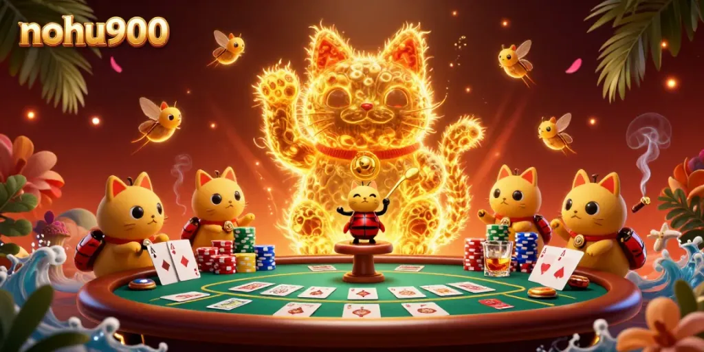 Experience captivating casino excitement with nohu900's vibrant lucky cat made of fireflies.