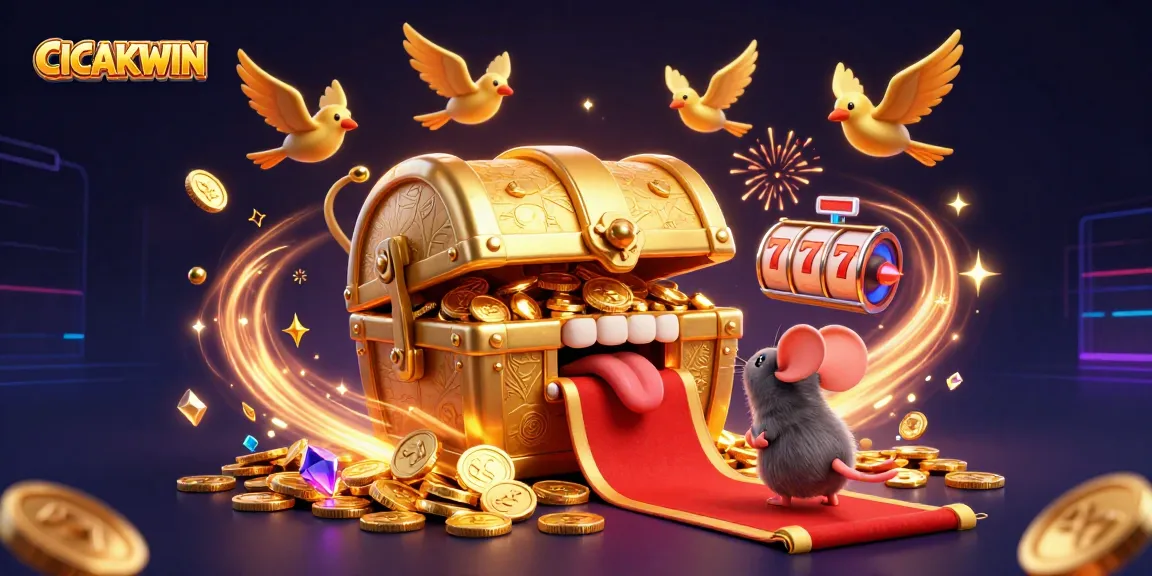 Engage with CICAKWIN's thrilling slot games featuring animated golden treasure chests and cascading coins.