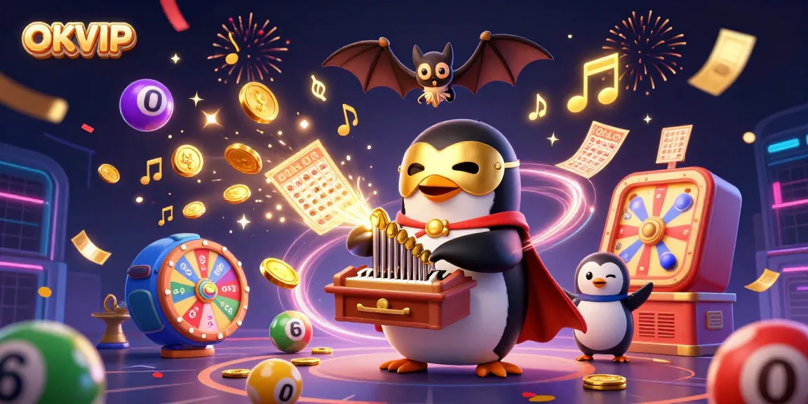 Engage with OKVIP's thrilling gaming experience with a vibrant cartoon scene featuring a penguin and dynamic casino elements.