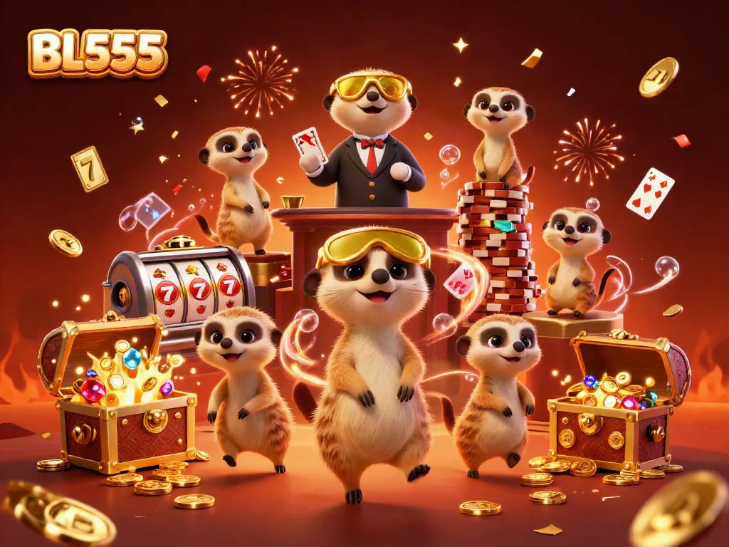 Experience the excitement of BL555's vibrant casino scene featuring meerkats, slots, and festive elements.