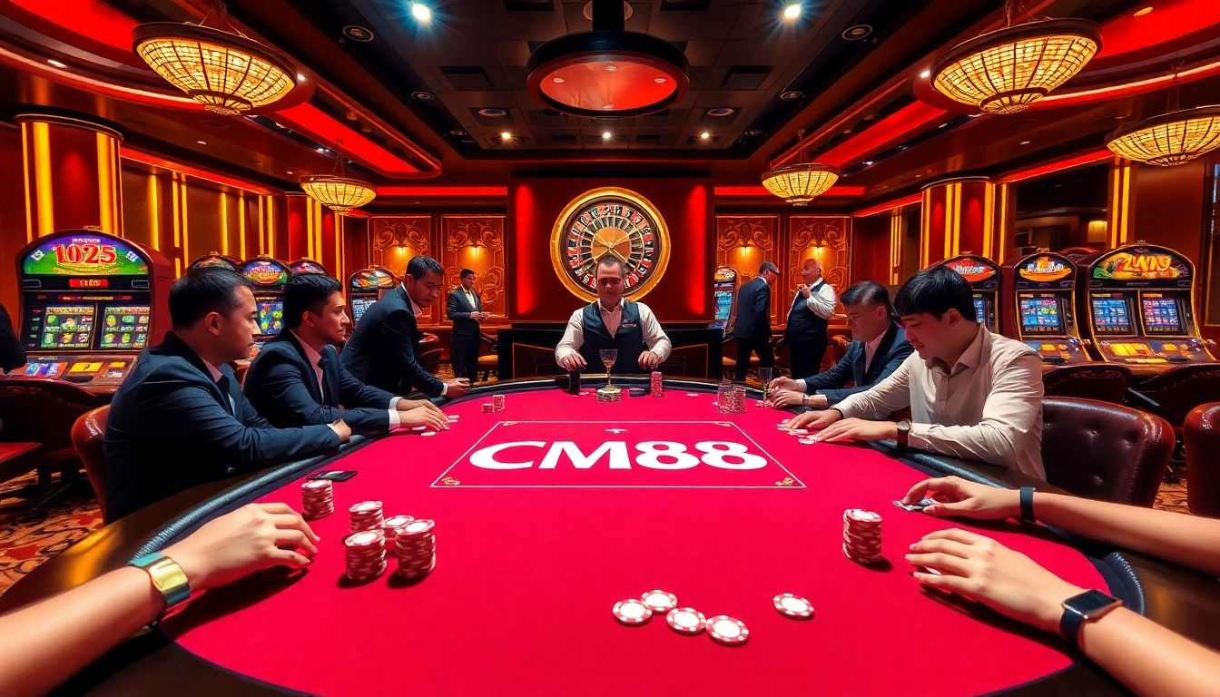 Experience the thrilling gameplay at CM88 with action-packed poker tables and vibrant casino elements.