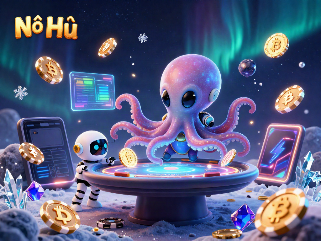 Engage with Nổ Hũ as a colorful 3D octopus controls a holographic poker table amid vibrant casino elements.