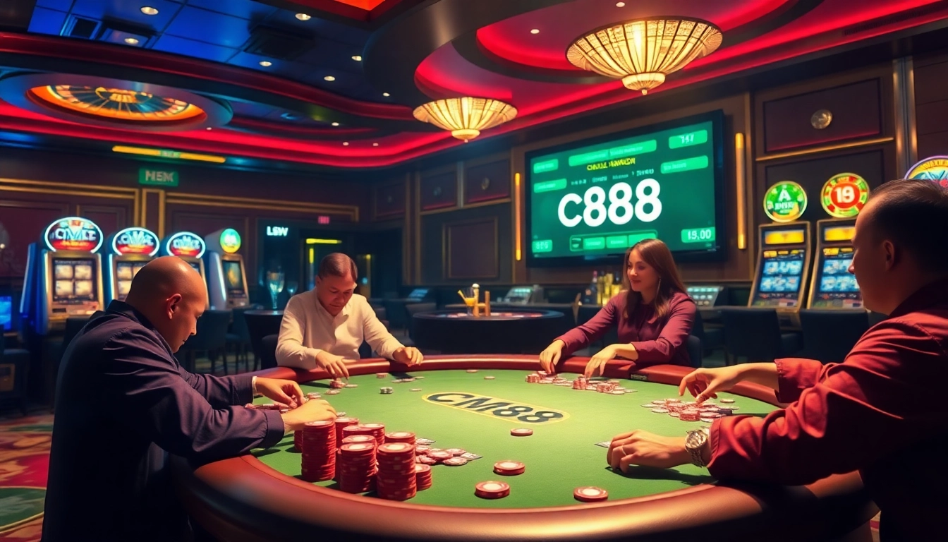 Engage with a thrilling poker game at a CM88-themed casino table, surrounded by vibrant slot machines and roulette.