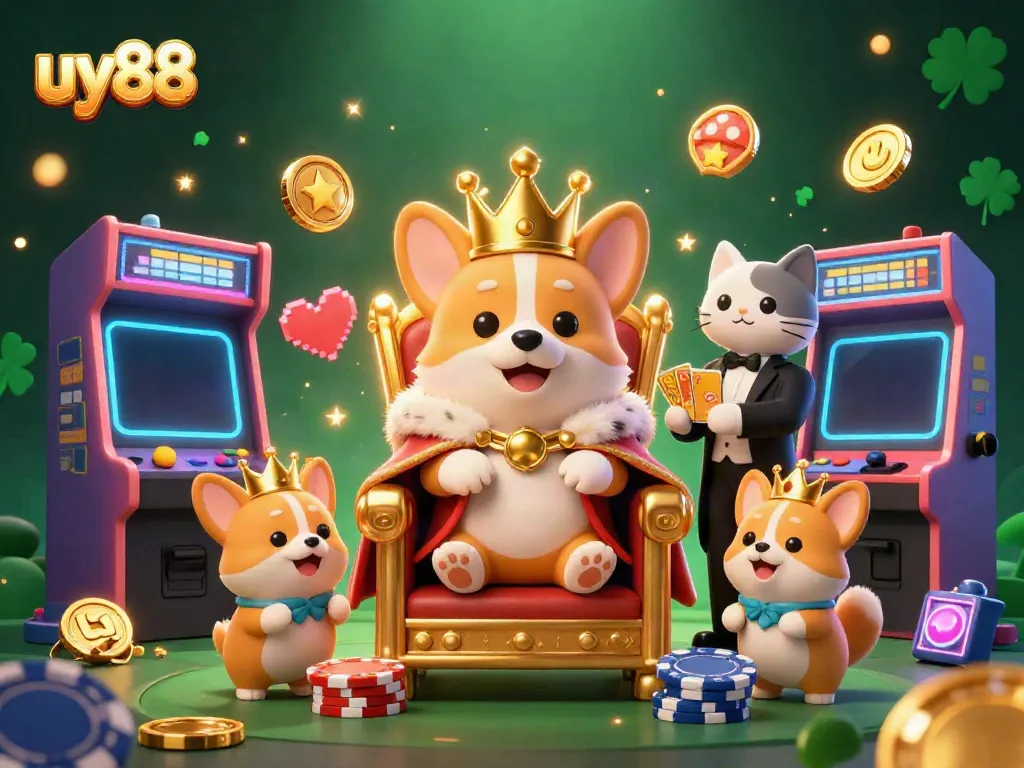 Experience casino excitement with uy88, featuring a royal corgi on poker chip throne, surrounded by vibrant game scenes.