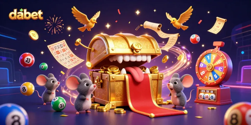 Engage with dabet's vibrant lottery scene featuring colorful balls, spinning prizes, and money rain.