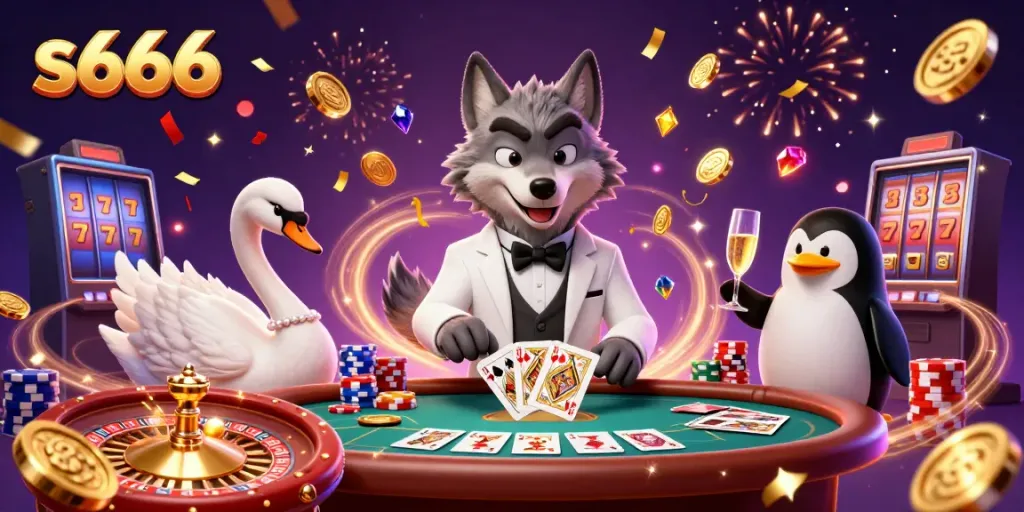 Experience vibrant gaming action with s666 as a debonair wolf, elegant swan, and sophisticated penguin celebrate at the baccarat table.