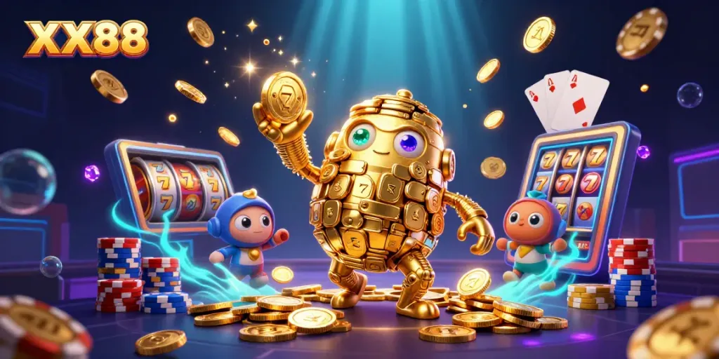 Spin the reels and win big with XX88 in this vibrant casino scene.