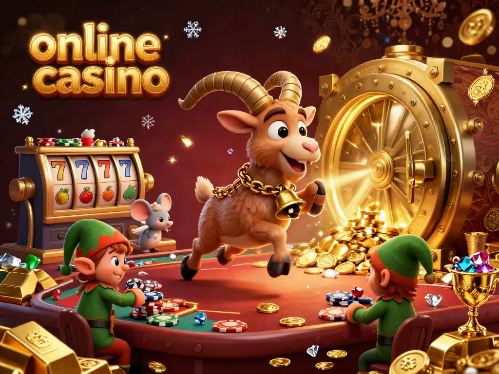 Experience the thrilling action of an online casino with festive characters, slot reels, and treasures.