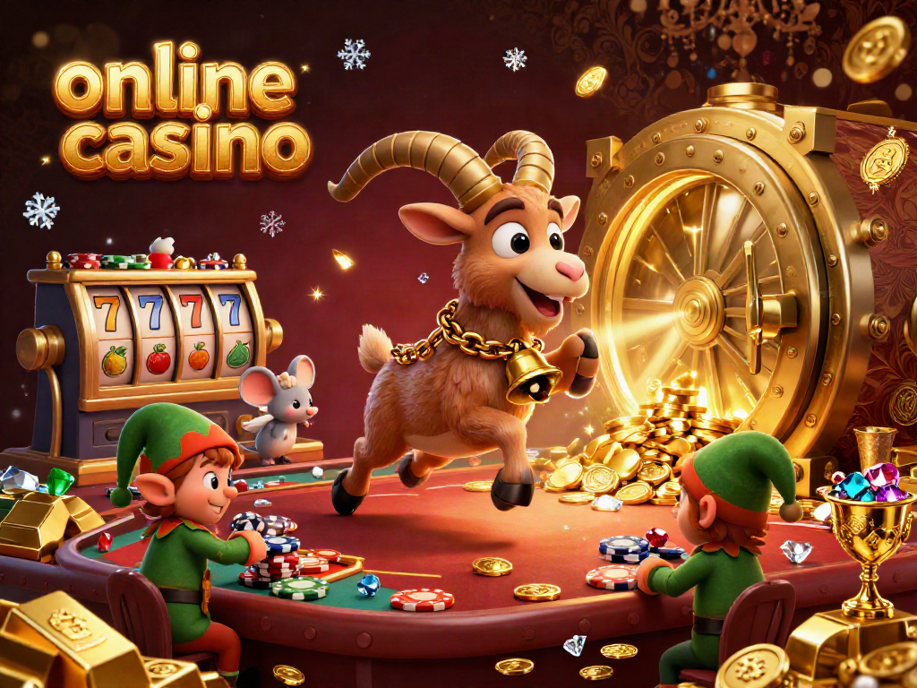 Experience the thrilling action of an online casino with festive characters, slot reels, and treasures.