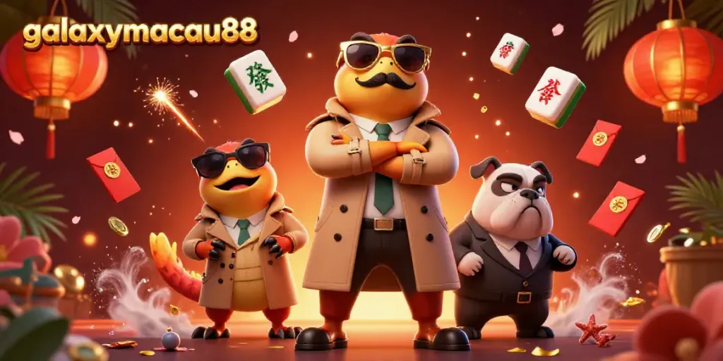 Experience the thrilling ambiance of galaxymacau88 with unique characters in a vibrant casino scene.