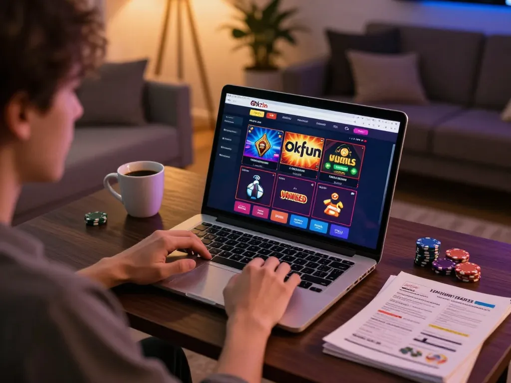 Engaging in online gambling at okfun, user analyzing strategy notes while playing casino games.