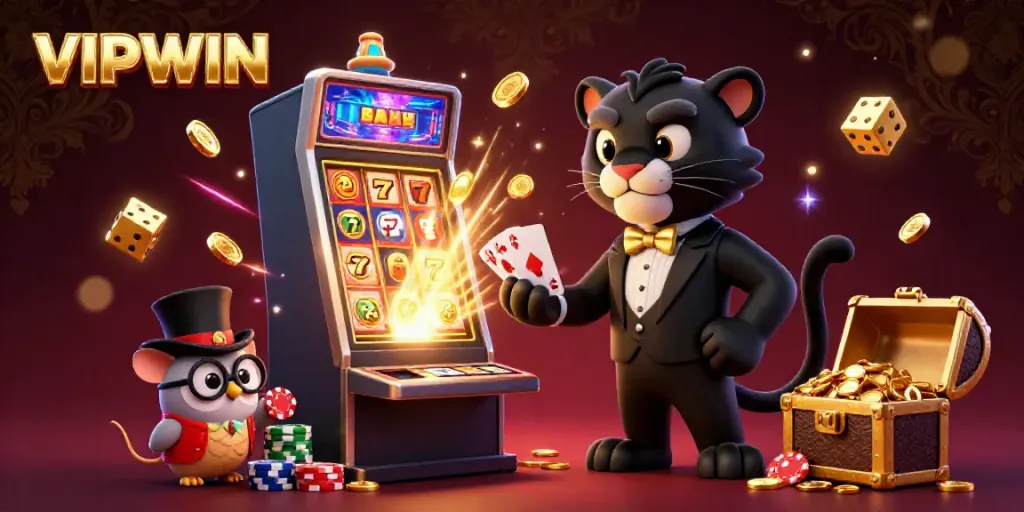 Experience thrilling gameplay with VIPWIN as a stylish panther deals cards amid jackpot excitement and vibrant casino elements.