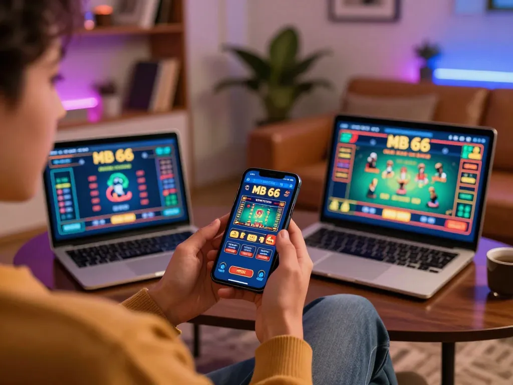 Engaging with mb 66 app on smartphone for live gaming experience while relaxing at home