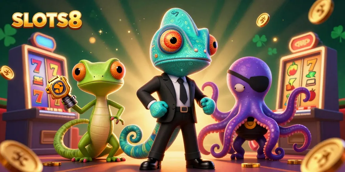 SLOTS8 features a playful 3D chameleon agent, a tech-gecko, and a villainous octopus in a vibrant casino.