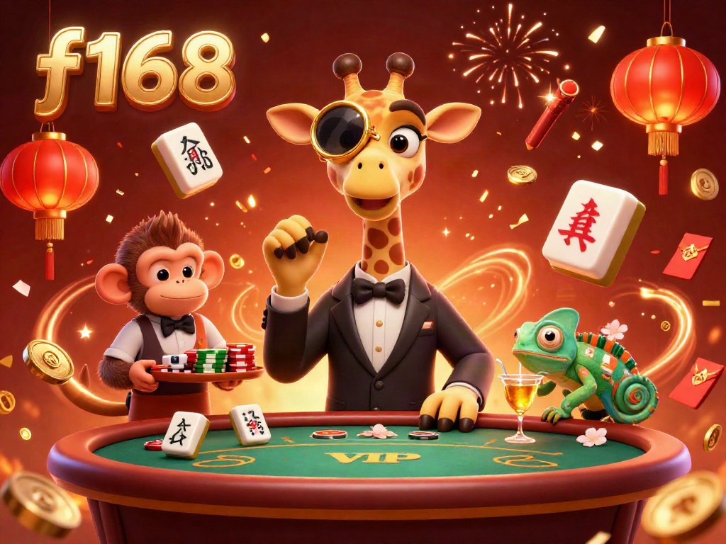 Engage in exciting gameplay at f168, featuring a lively giraffe and friends amidst festive casino elements.