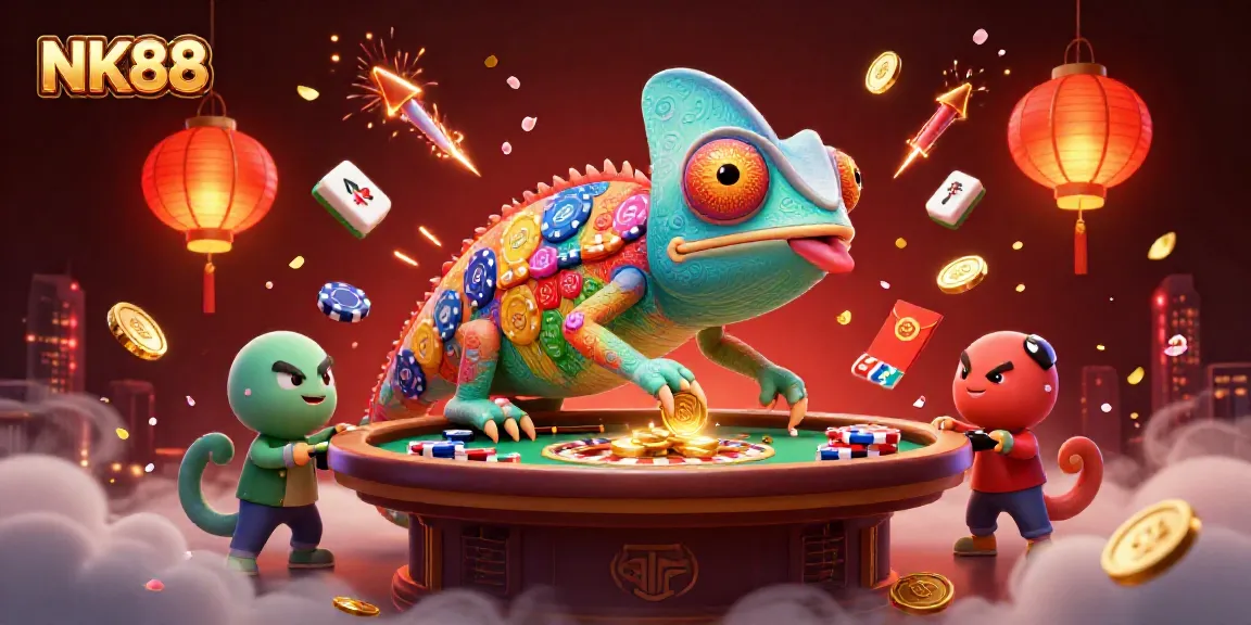 Engage with NK88's vibrant gaming world, featuring a dynamic chameleon casino owner and colorful game elements.