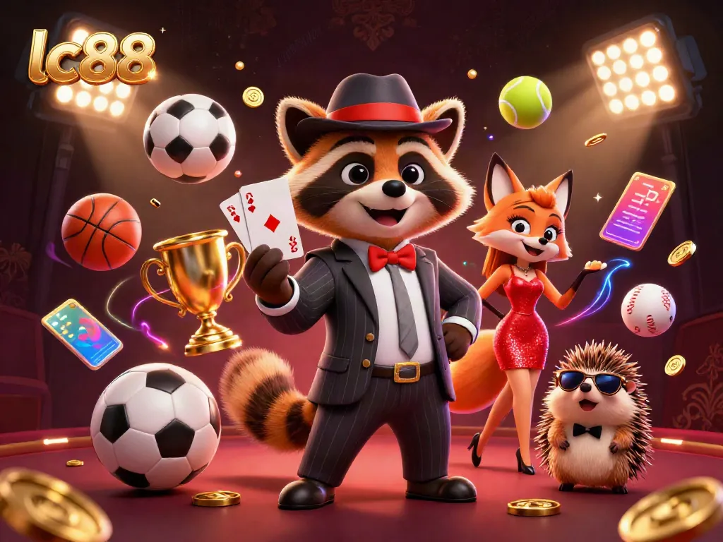 Experience the excitement of lc88 with a suave raccoon holding a royal flush in a vibrant, lively casino scene.