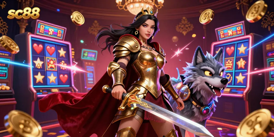 Play exhilarating casino games at sc88 with a warrior queen and glowing wolf in a dynamic 3D setting.