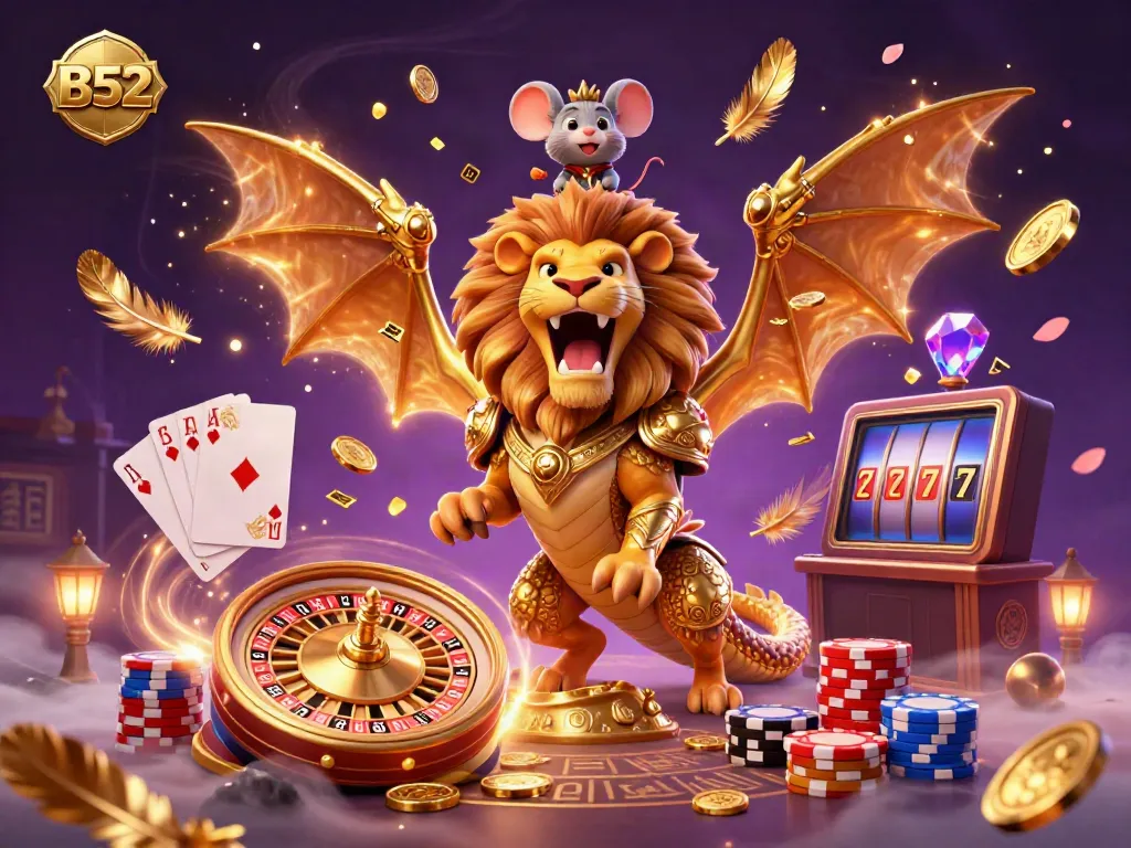 B52 chimera creature with golden armor surrounded by casino elements like coins and a roulette wheel.