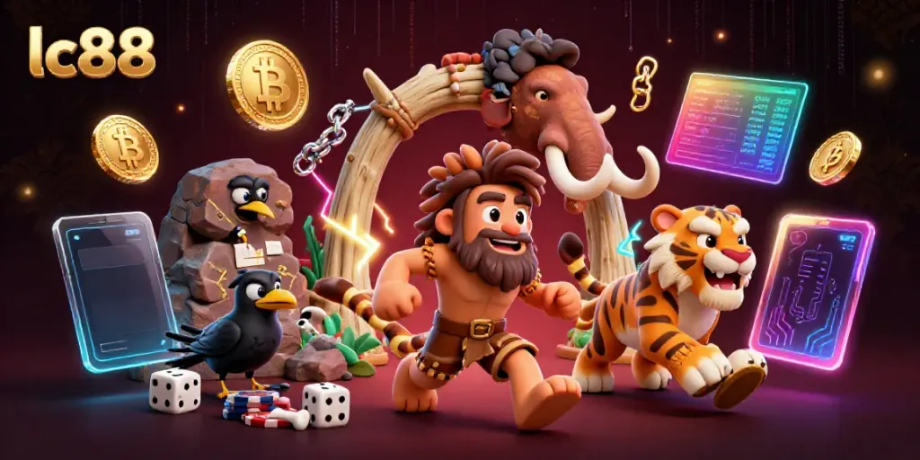 Experience excitement at lc88 with a vibrant illustration of a prehistoric casino run by a caveman, tiger, and crow.