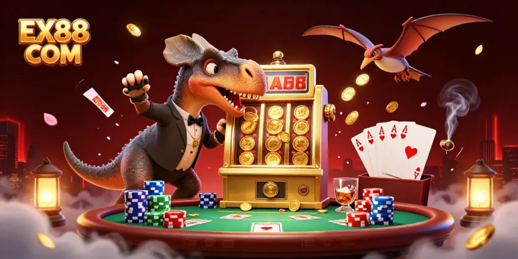 Experience vibrant gaming action at EX88 COM with cartoon dinosaurs and exciting casino elements in a 3D scene.