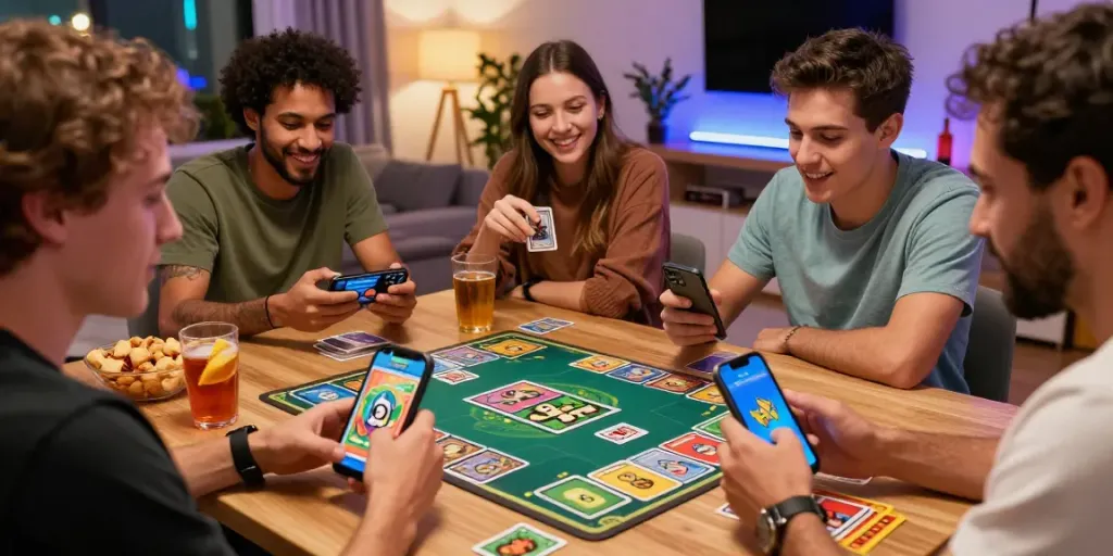 Engaging multiplayer scene with players enjoying the 3 Patti No1 gaming app in a lively urban setting.