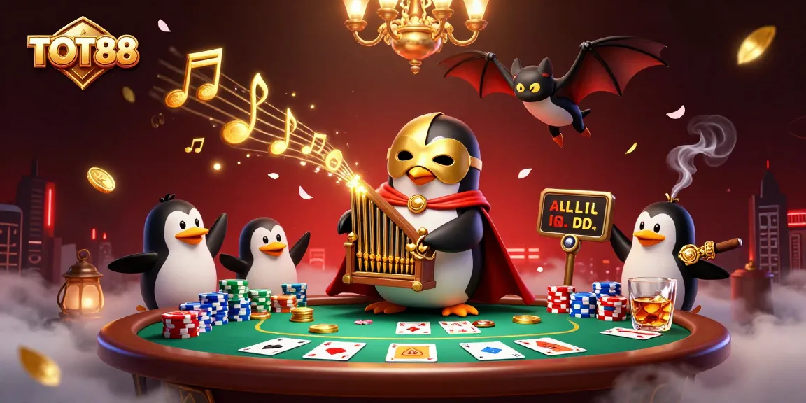 Engage with TOT88 in an iconic casino scene featuring golden musical notes and poker elements.