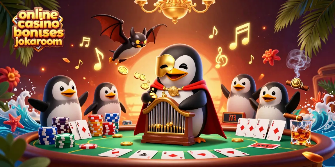 Engage with online casino bonuses jokaroom as a phantom opera penguin plays organ shooting coins amidst poker excitement.