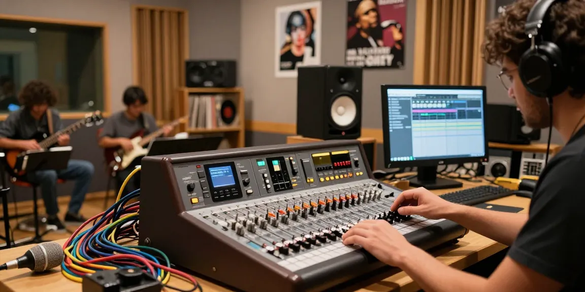 Audio engineer using a Tascam DA88 digital multitrack recorder in a vibrant recording studio environment.