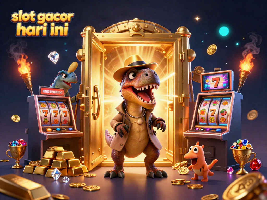 Experience slot gacor hari ini with a vibrant 3D illustrated casino scene featuring cartoon dinosaurs and treasures.