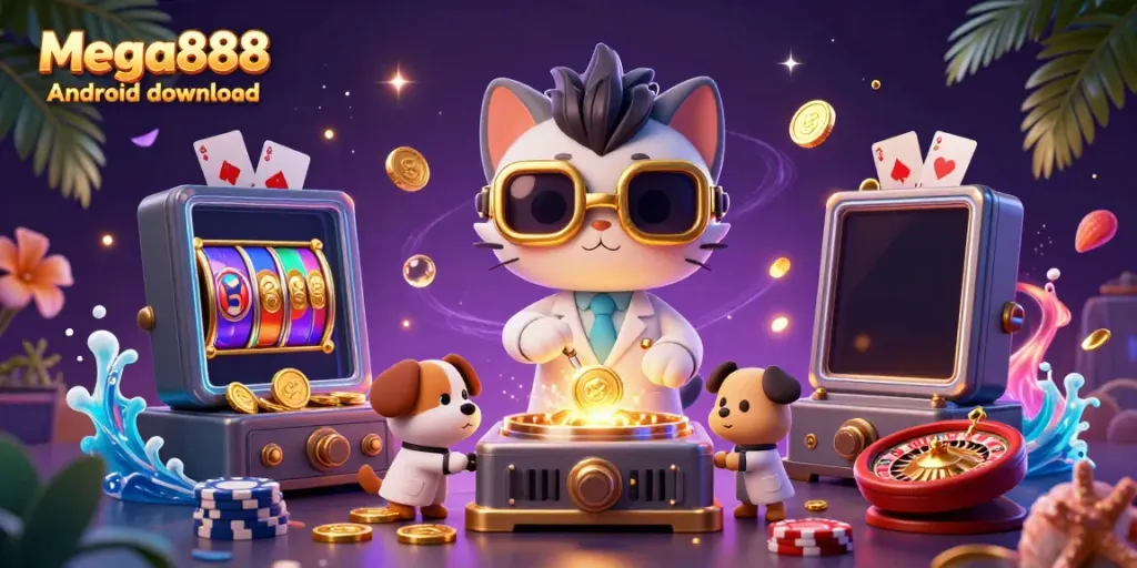Experience Mega888 Android download with a vibrant 3D scientist cat and game symbols showcasing online casino excitement.