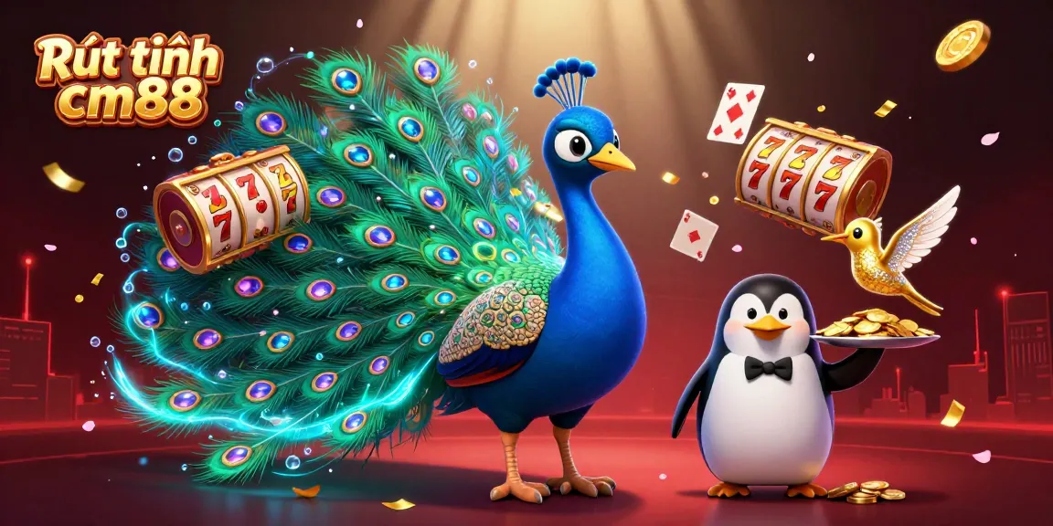 Play Rút tiền cm88 with a vibrant casino scene featuring a peacock, penguin, and hummingbird.
