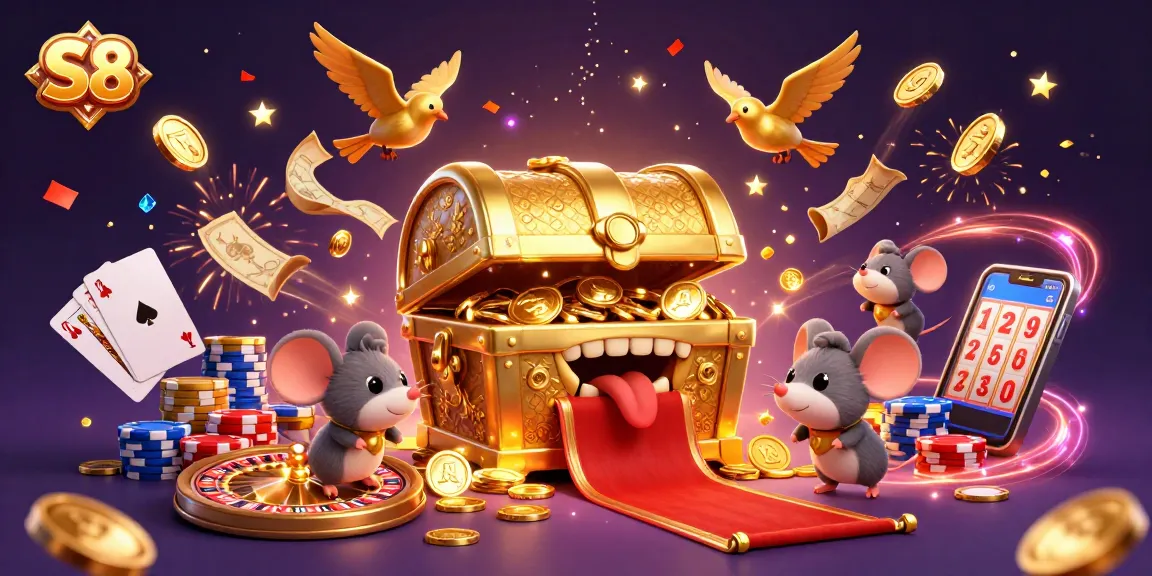 S8's vibrant 3D casino scene showcases treasure and exciting game elements, promising fun for gamblers.