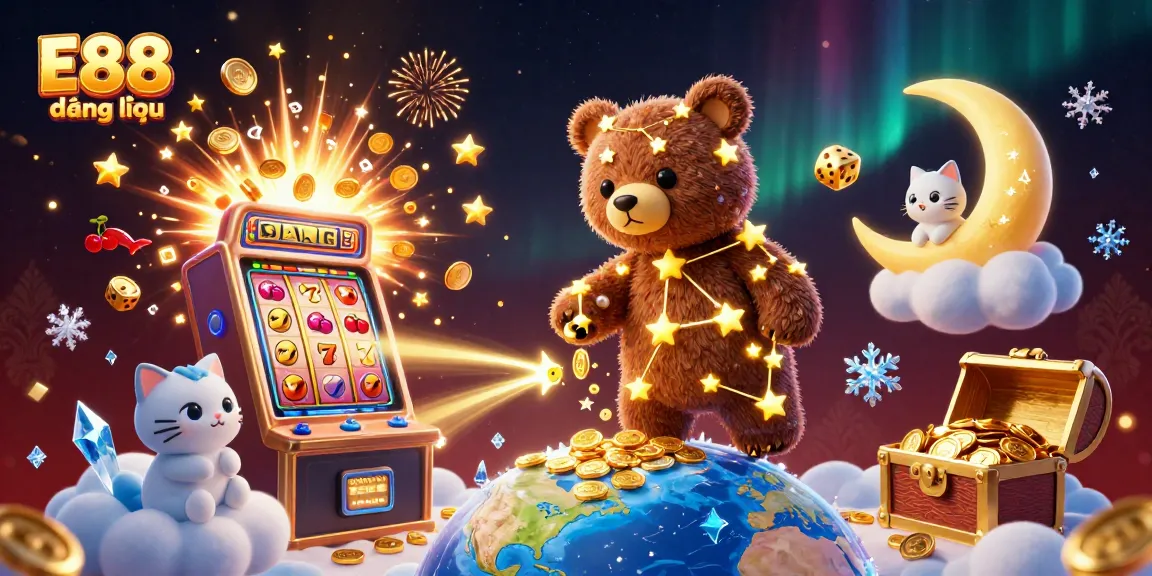 Engage in E88 đăng nhập with dynamic casino-themed elements, featuring slot games and cosmic characters.