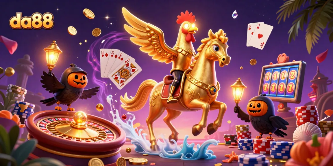 da88 dazzles in this vibrant casino scene with golden rooster and sparkling treasures