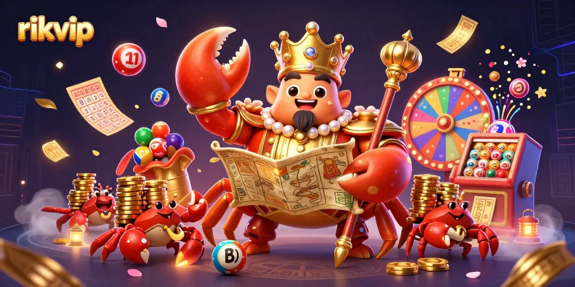 Engage with rikvip's dynamic gambling world featuring a golden crab emperor and vibrant game elements.