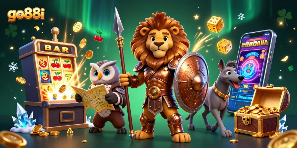 Win big at go88i with an exciting scene of a Spartan lion and dynamic casino elements.